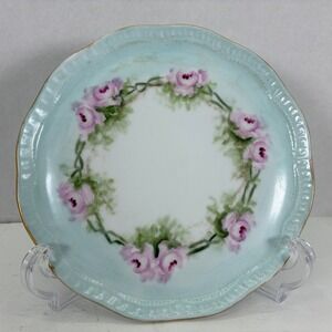 Z.S. & Co Bavaria Orleans Plate Pink Rose Wreath Artist Signed F Koch Blue Gold